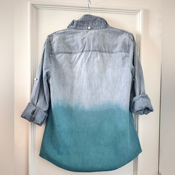 J.Crew upcycled button down shirt - dip-dyed teal from waist down - Picture 2 of 6
